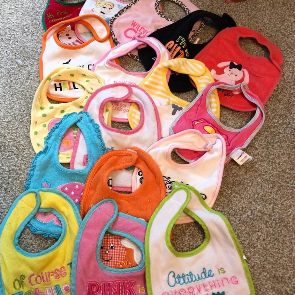 17 baby girl bibs! Some used some new!
